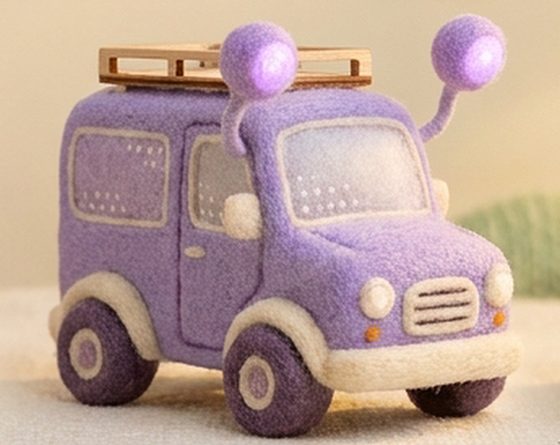 Boxley, Delivery van: Lavender purple and boxy with soft corners, a wooden roof rack, cupboard-style back doors with a round porthole and a tiny brass knocker.