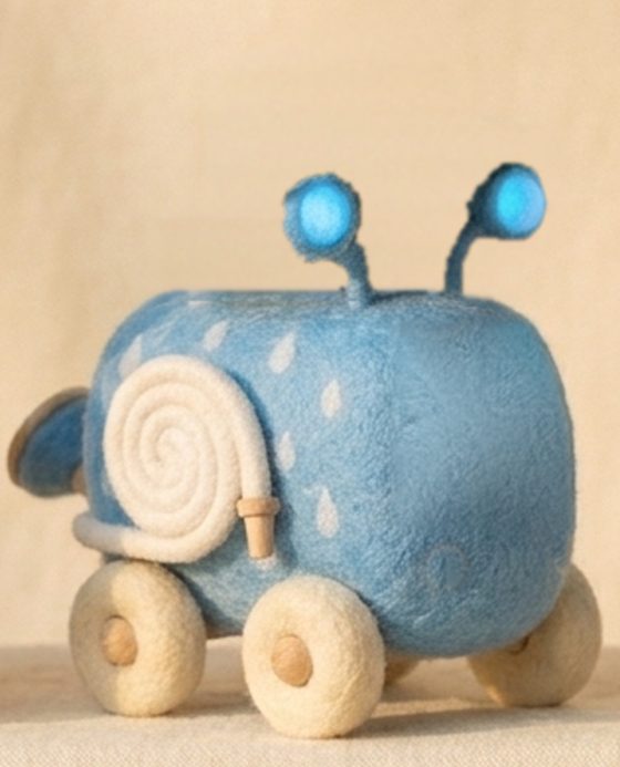 Dewbert, Water-tank truck: Sky blue with white raindrop dots, a white hose coiled like a snail shell on his side and a watering-can sprinkler at the back.