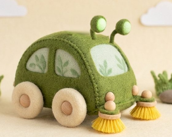 Sweepkin, Little street sweeper: Moss green and teardrop-shaped, with two round buttercup-yellow brushes at the front that stick out like whiskers.